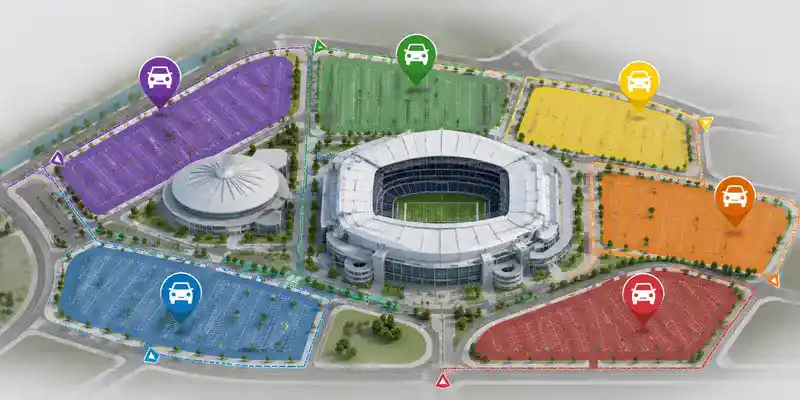 Illustrated NRG Park parking map showing stadiums, color-coded parking lots, vehicle access routes, and directional icons.